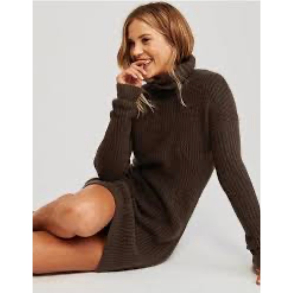 Abercrombie & Fitch Brown Ribbed Turtleneck Sweater Dress Long Sleeve Mini Small